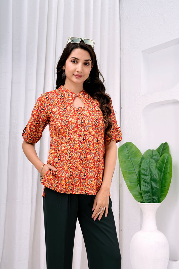 Women's Orange Pure Cotton Floral Printed Flared Tunic