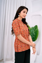 Women's Orange Pure Cotton Floral Printed Flared Tunic