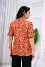Women's Orange Pure Cotton Floral Printed Flared Tunic