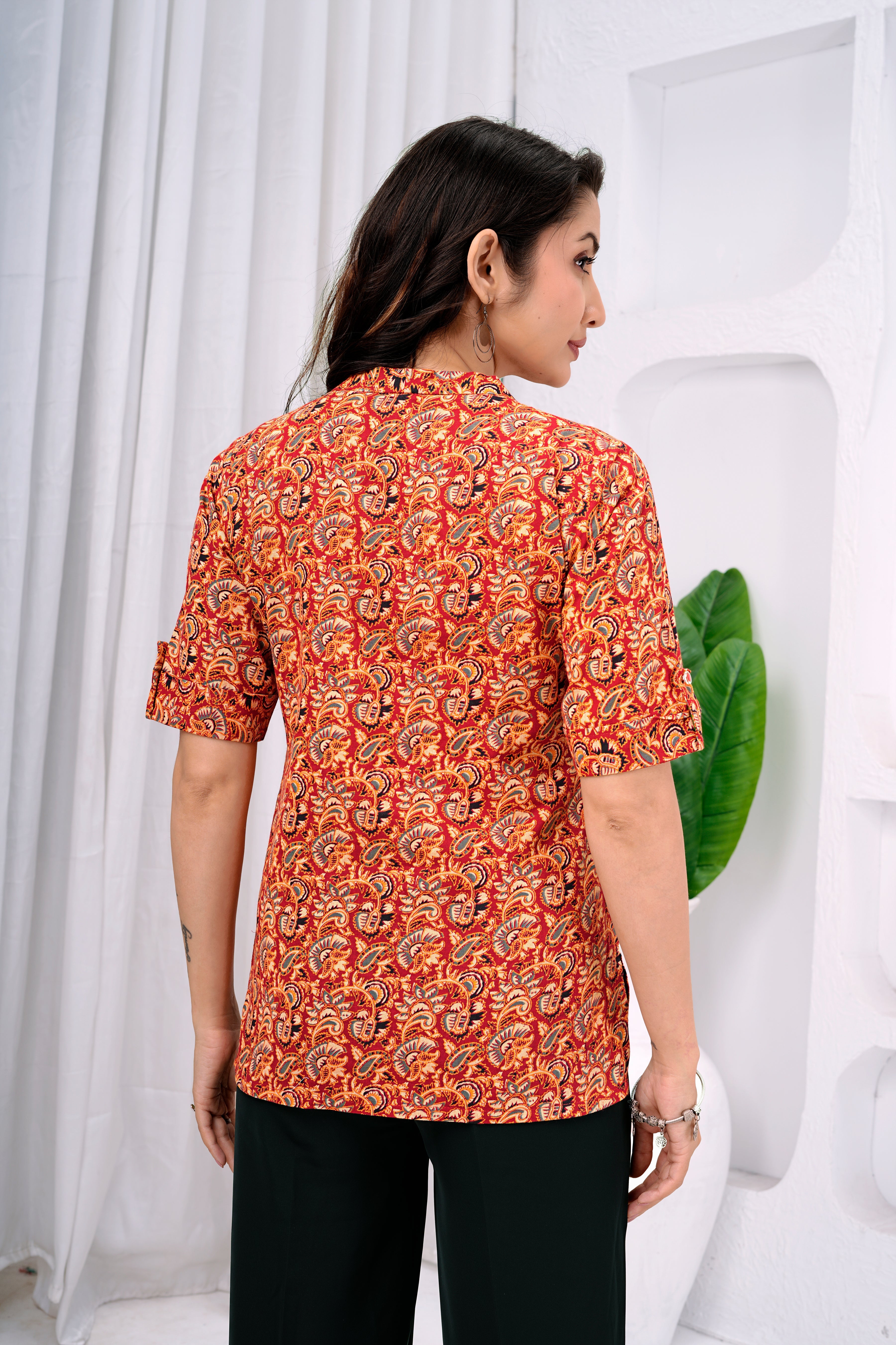 Women's Orange Pure Cotton Floral Printed Flared Tunic