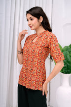 Women's Orange Pure Cotton Floral Printed Flared Tunic