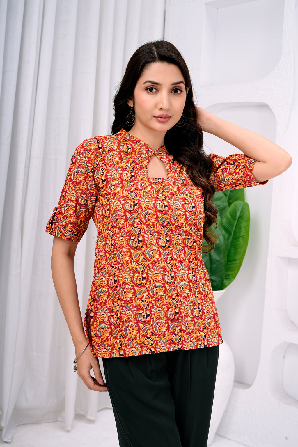 Women's Orange Pure Cotton Floral Printed Flared Tunic