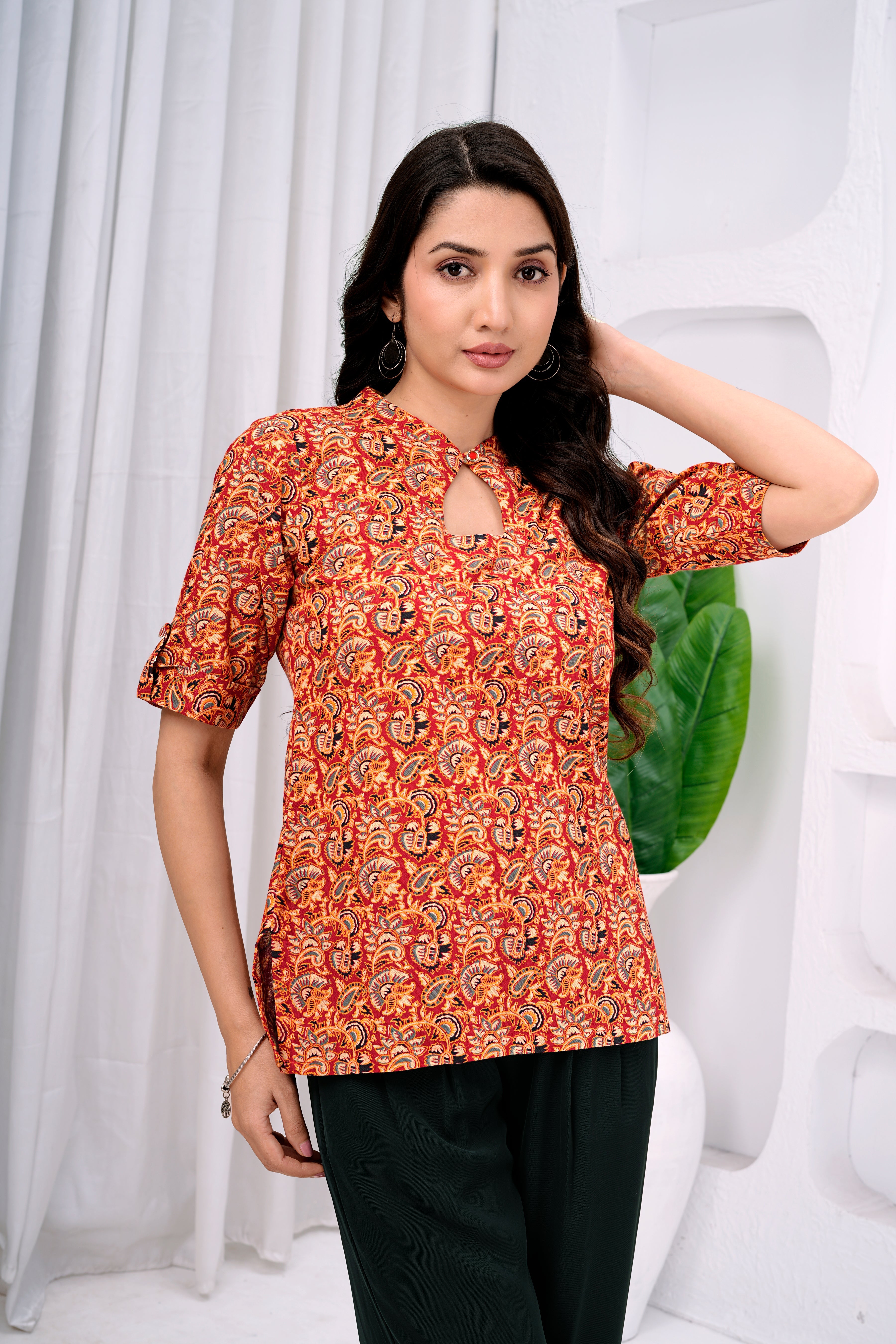 Women's Orange Pure Cotton Floral Printed Flared Tunic